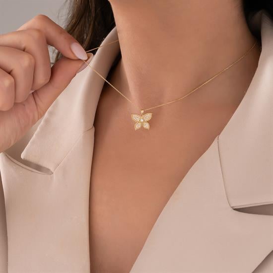 Taşlı Kelebek 14 Ayar Altın Kolye