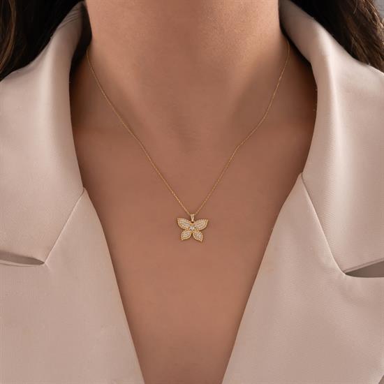 Taşlı Kelebek 14 Ayar Altın Kolye
