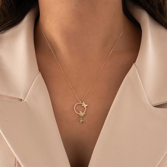 Taşlı Kelebek 14 Ayar Altın Kolye