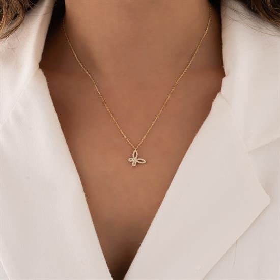 Taşlı Kelebek 14 Ayar Altın Kolye