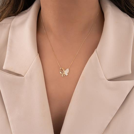 Taşlı Kelebek 14 Ayar Altın Kolye