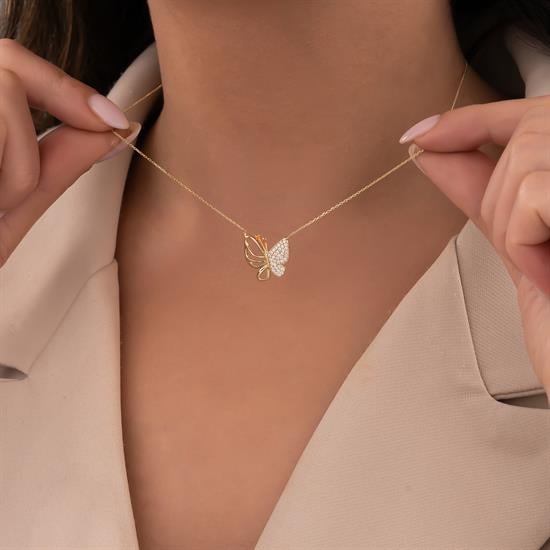 Taşlı Kelebek 14 Ayar Altın Kolye