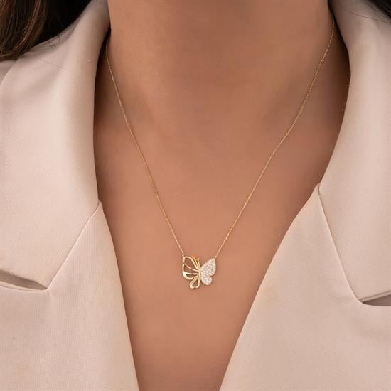 Taşlı Kelebek 14 Ayar Altın Kolye