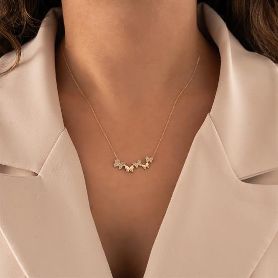 Taşlı Kelebek 14 Ayar Altın Kolye