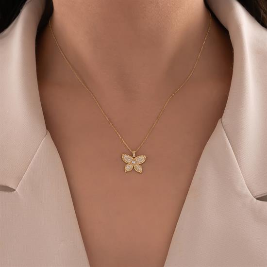 Taşlı Kelebek 14 Ayar Altın Kolye