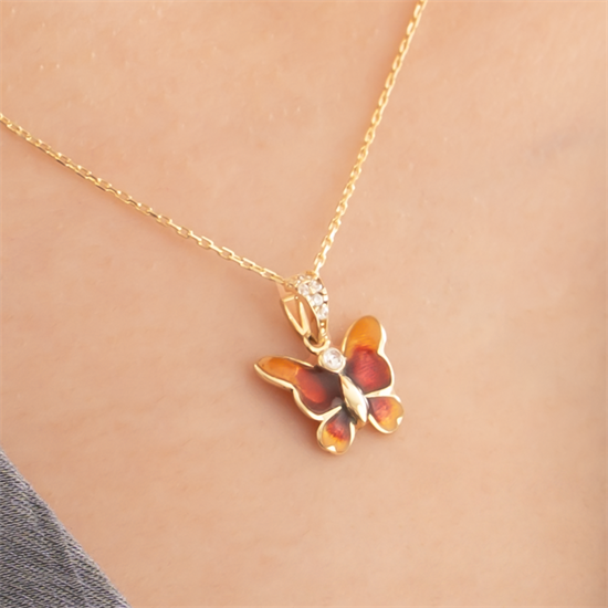 Taşlı Kelebek Kolye 14 Ayar Altın