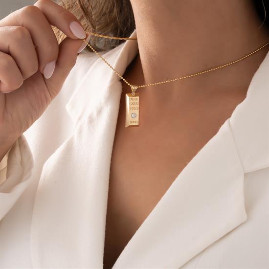 Taşlı Külçe 14 Ayar Altın Kolye