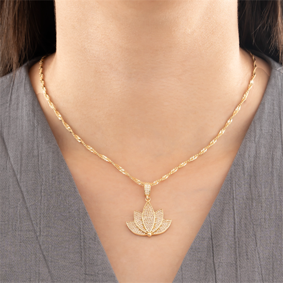 Taşlı Lotus 14 Ayar Altın Kolye