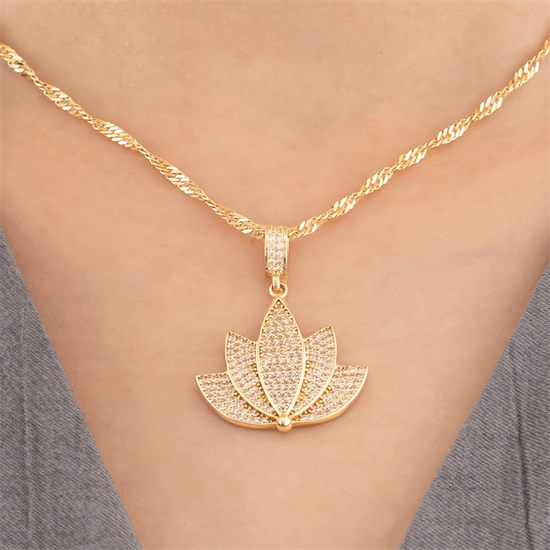 Taşlı Lotus 14 Ayar Altın Kolye