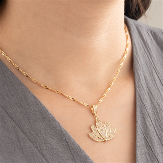 Taşlı Lotus 14 Ayar Altın Kolye