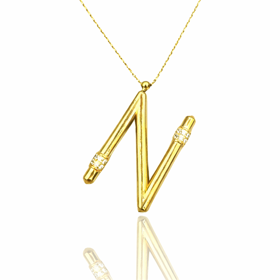 Taşlı N Harfi 14 Ayar Altın Kolye