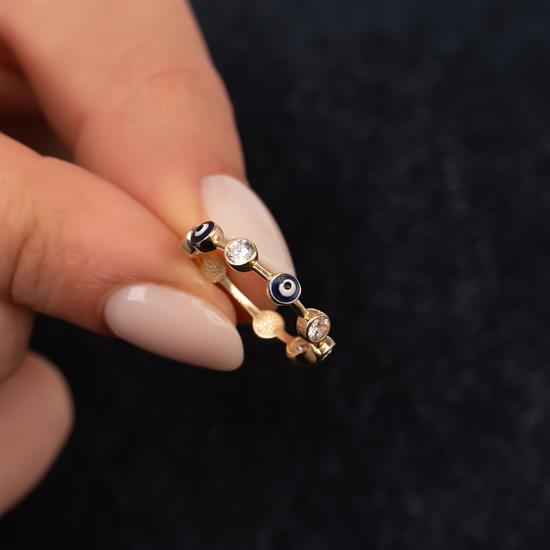 Taşlı Nazar Boncuğu 14 Ayar Altın Yüzük