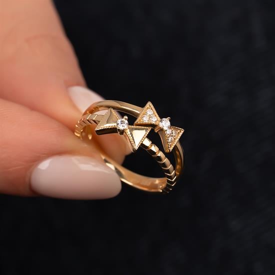 Taşlı Papyon 14 Ayar Altın Yüzük