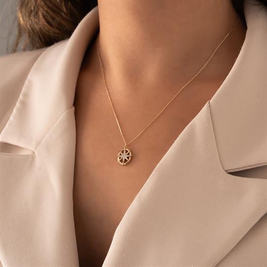 Taşlı Pusula 14 Ayar Altın Kolye