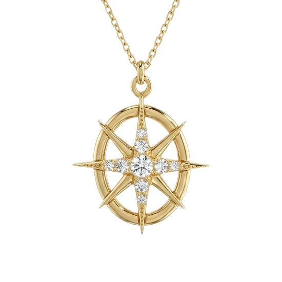 Taşlı Pusula 14 Ayar Altın Kolye