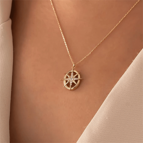 Taşlı Pusula 14 Ayar Altın Kolye