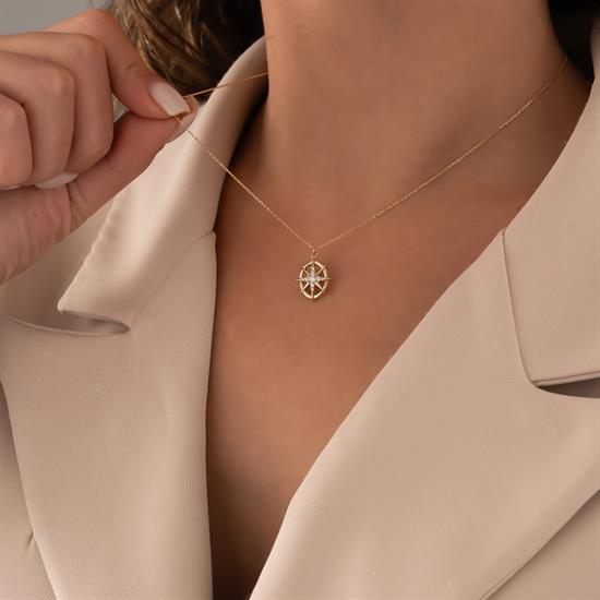 Taşlı Pusula 14 Ayar Altın Kolye