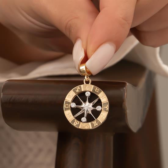 Taşlı Pusula 14 Ayar Kolye Ucu