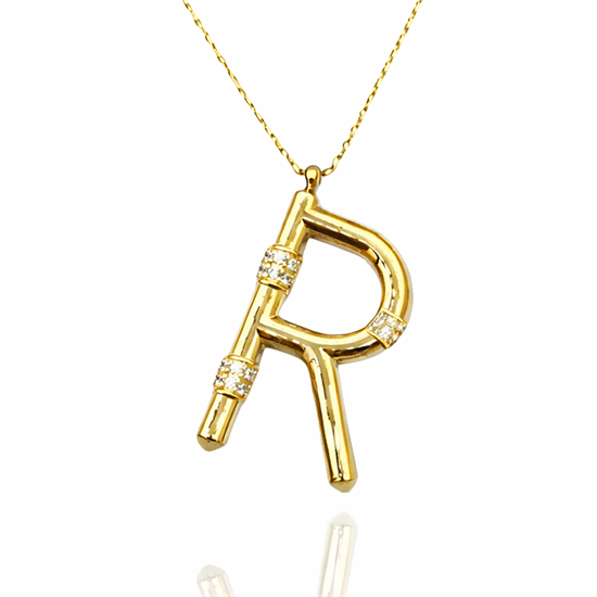 Taşlı R Harfi 14 Ayar Altın Kolye