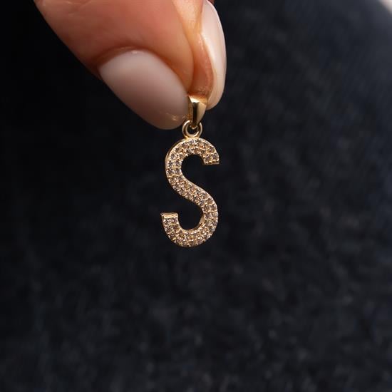 Taşlı S Harfi 14 Ayar Altın Kolye Ucu
