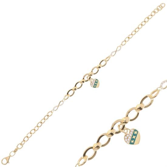 Taşlı Sallantılı Kalpli Bileklik 14 Ayar Altın