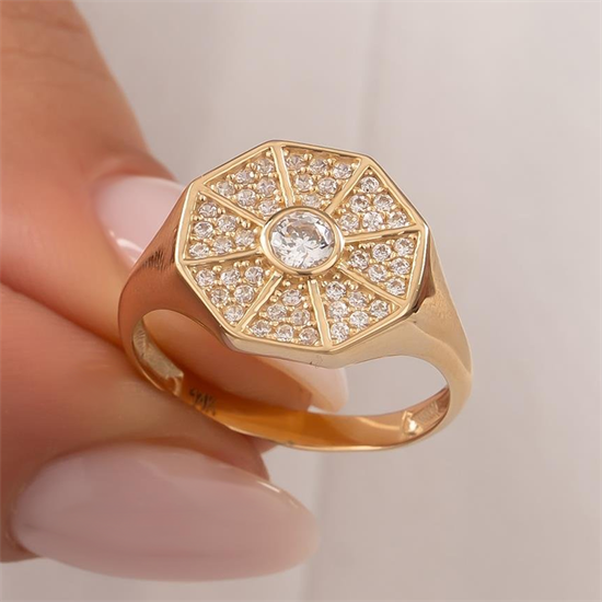 Taşlı Sekizgen Model 14 Ayar Altın Yüzük