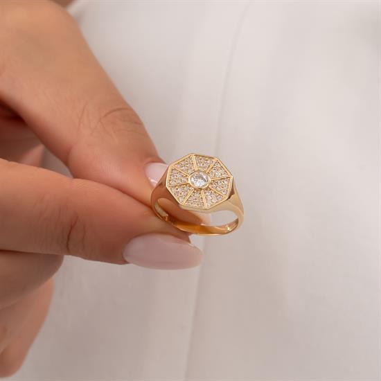 Taşlı Sekizgen Model 14 Ayar Altın Yüzük