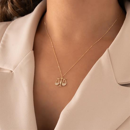 Taşlı Terazi 14 Ayar Altın Kolye