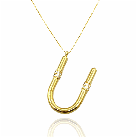 Taşlı U Harfi 14 Ayar Altın Kolye