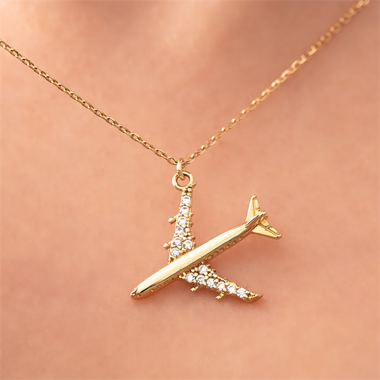 Taşlı Uçak 14 Ayar Altın Kolye
