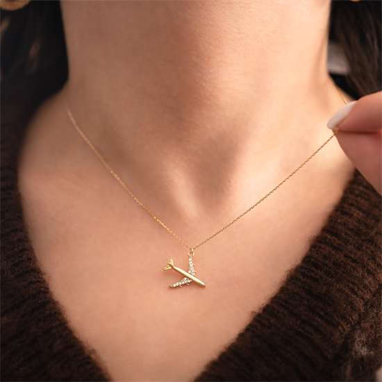 Taşlı Uçak 14 Ayar Altın Kolye