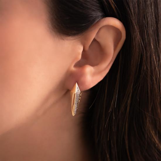 Taşlı Üçgen Geometrik Tasarım Küpe 14 Ayar Altın