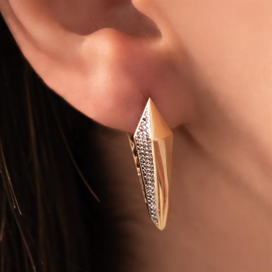 Taşlı Üçgen Geometrik Tasarım Küpe 14 Ayar Altın