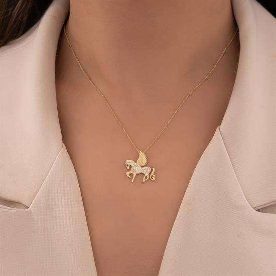 Taşlı Unicorn 14 Ayar Altın Kolye