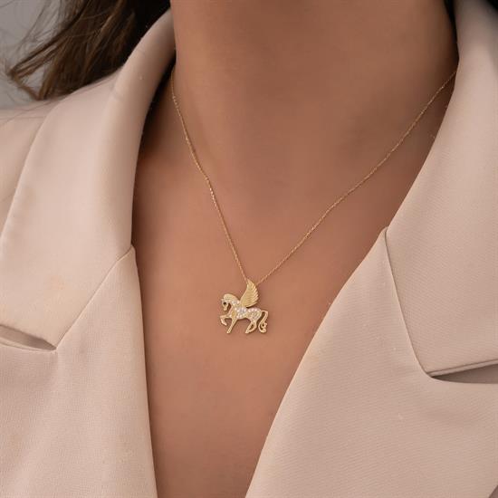 Taşlı Unicorn 14 Ayar Altın Kolye