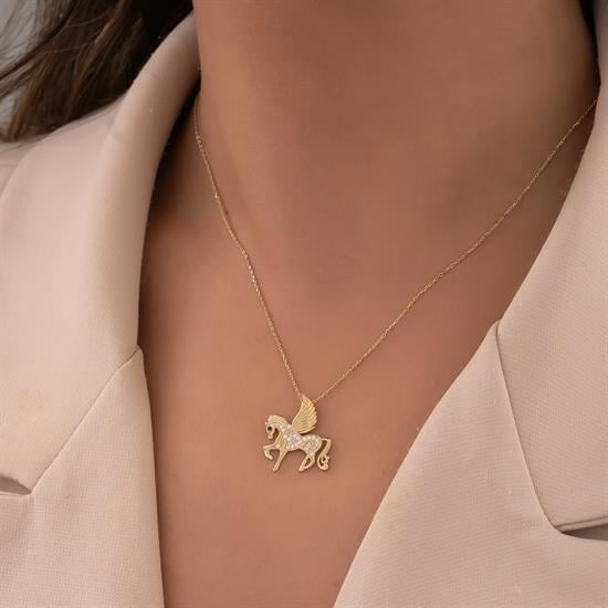 Taşlı Unicorn 14 Ayar Altın Kolye