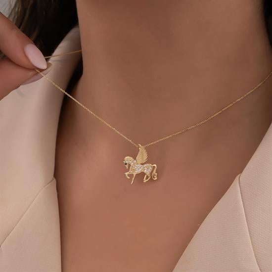 Taşlı Unicorn 14 Ayar Altın Kolye