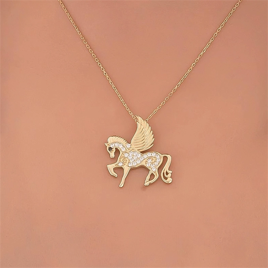 Taşlı Unicorn 14 Ayar Altın Kolye