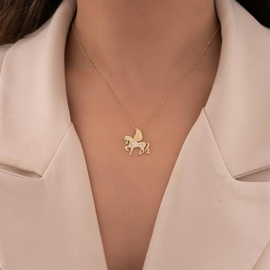 Taşlı Unicorn 14 Ayar Altın Kolye