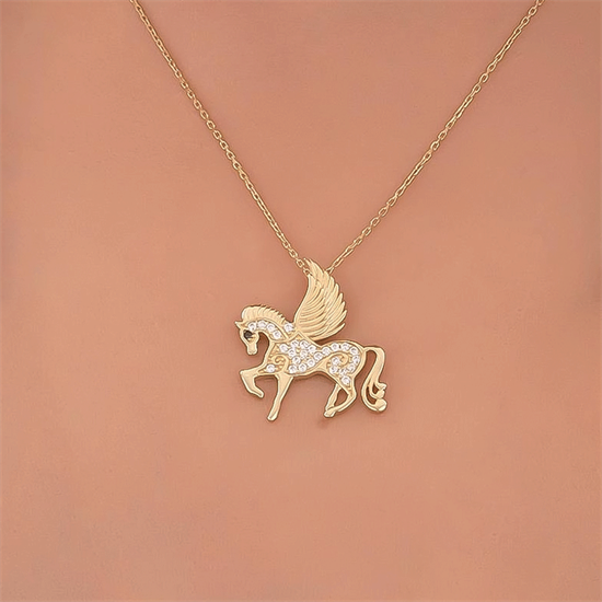 Taşlı Unicorn 14 Ayar Altın Kolye