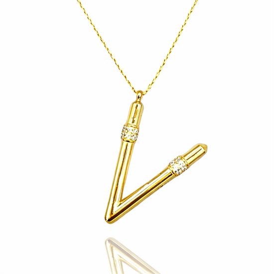 Taşlı V Harfi 14 Ayar Altın Kolye