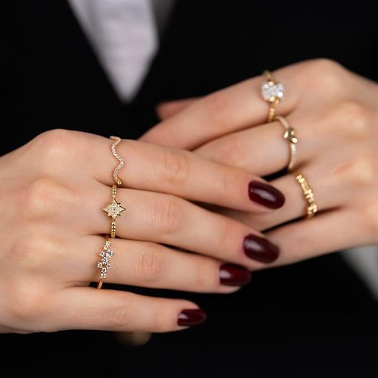 Taşlı Yağmur Modeli 14 Ayar Altın Yüzük