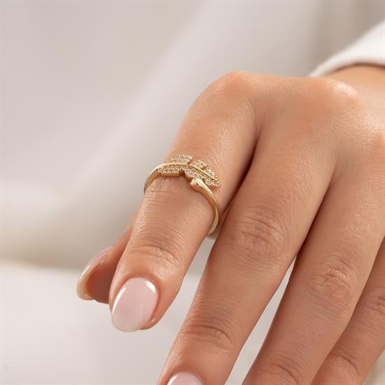 Taşlı Yaprak 14 Ayar Altın Yüzük