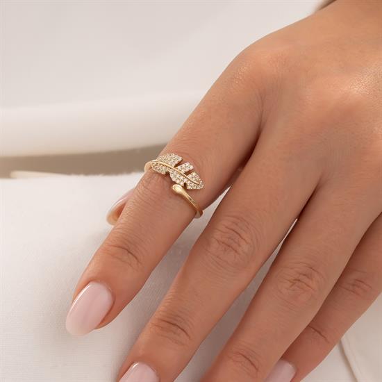 Taşlı Yaprak 14 Ayar Altın Yüzük