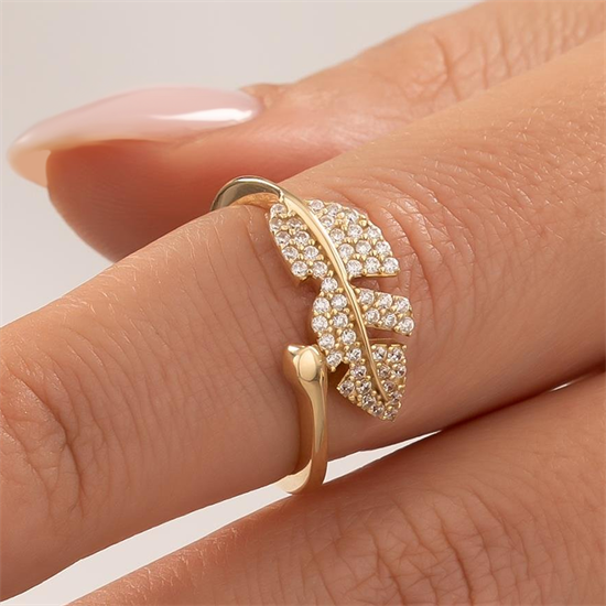 Taşlı Yaprak 14 Ayar Altın Yüzük