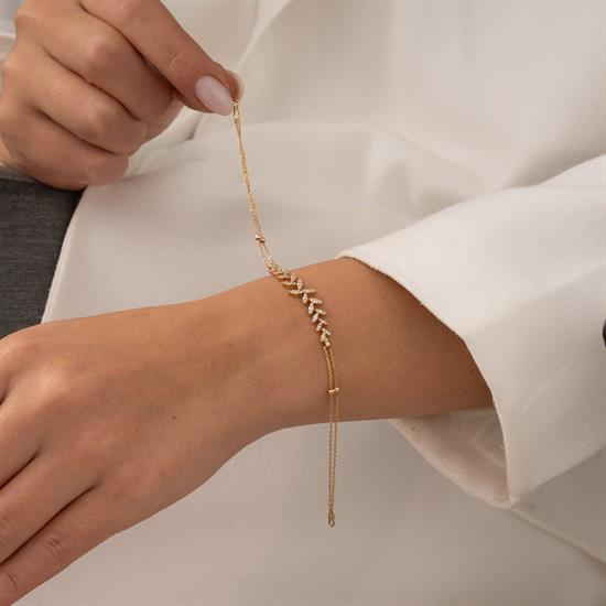 Taşlı Yaprak Model 14 Ayar Altın Bileklik