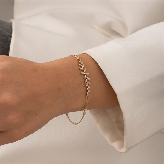 Taşlı Yaprak Model 14 Ayar Altın Bileklik