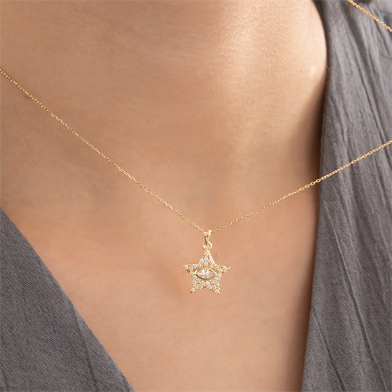 Taşlı Yıldız Göz Detaylı 14 Ayar Altın Kolye