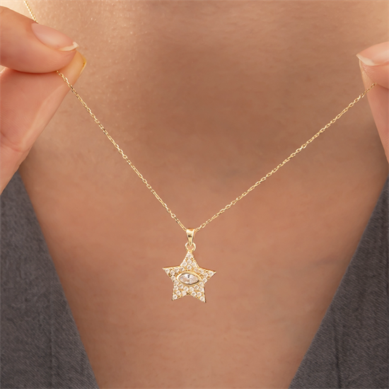 Taşlı Yıldız Göz Detaylı 14 Ayar Altın Kolye