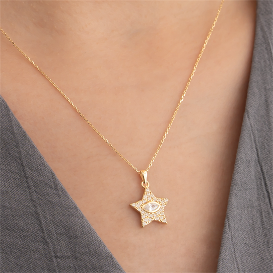 Taşlı Yıldız Göz Detaylı 14 Ayar Altın Kolye